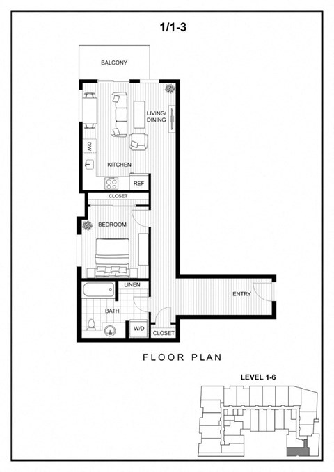 Floor plan for 1 bed, 1 bath, 772 sqft